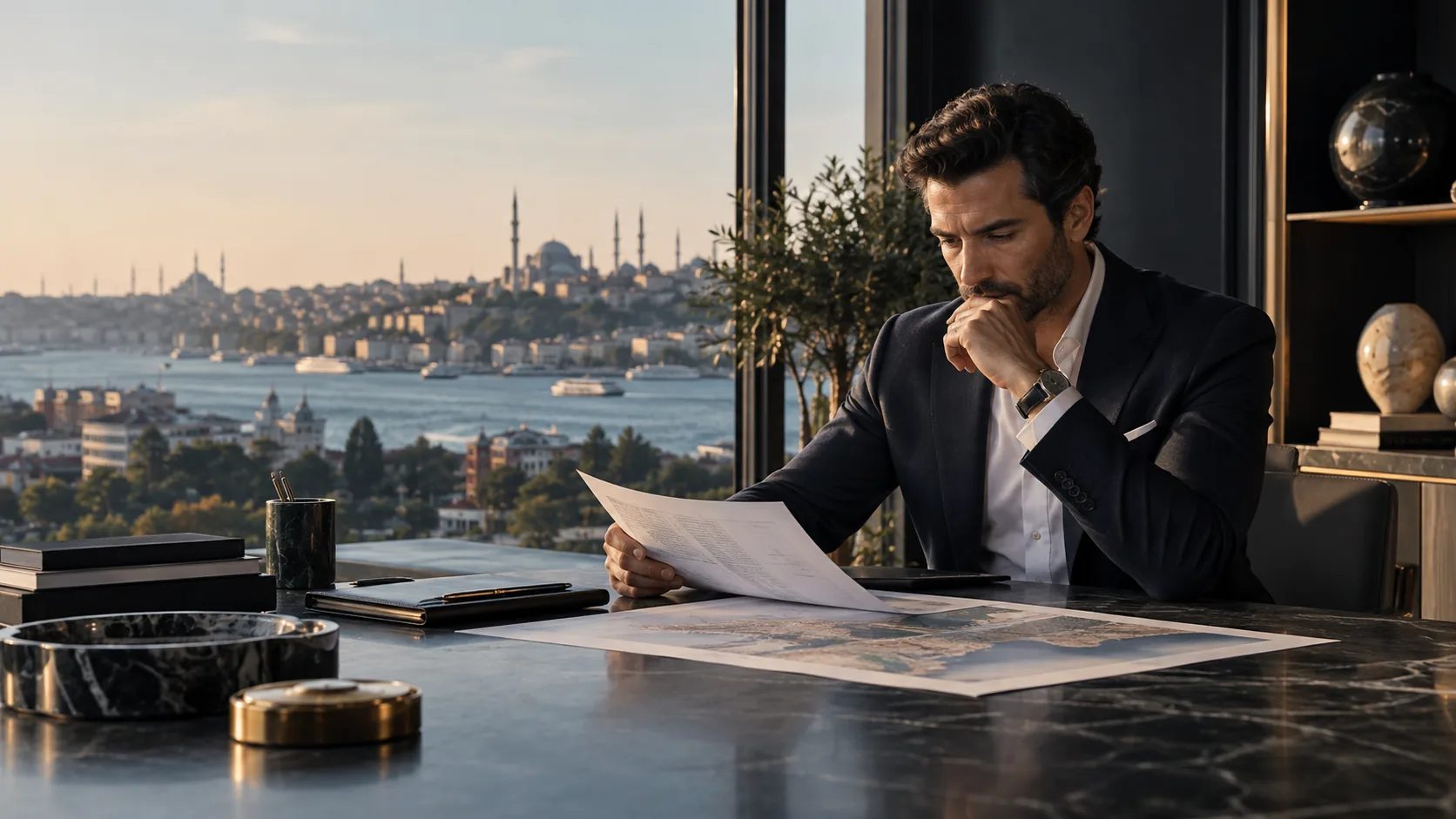 Investor reviewing a business plan and market map