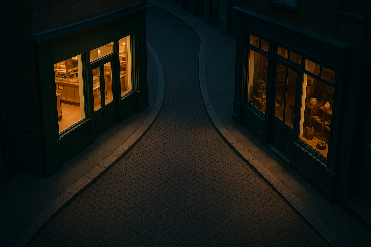 Lit boutique storefronts on a quiet street at night