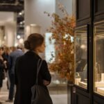 Jewellery exhibition booth with gold collections in lit vitrines