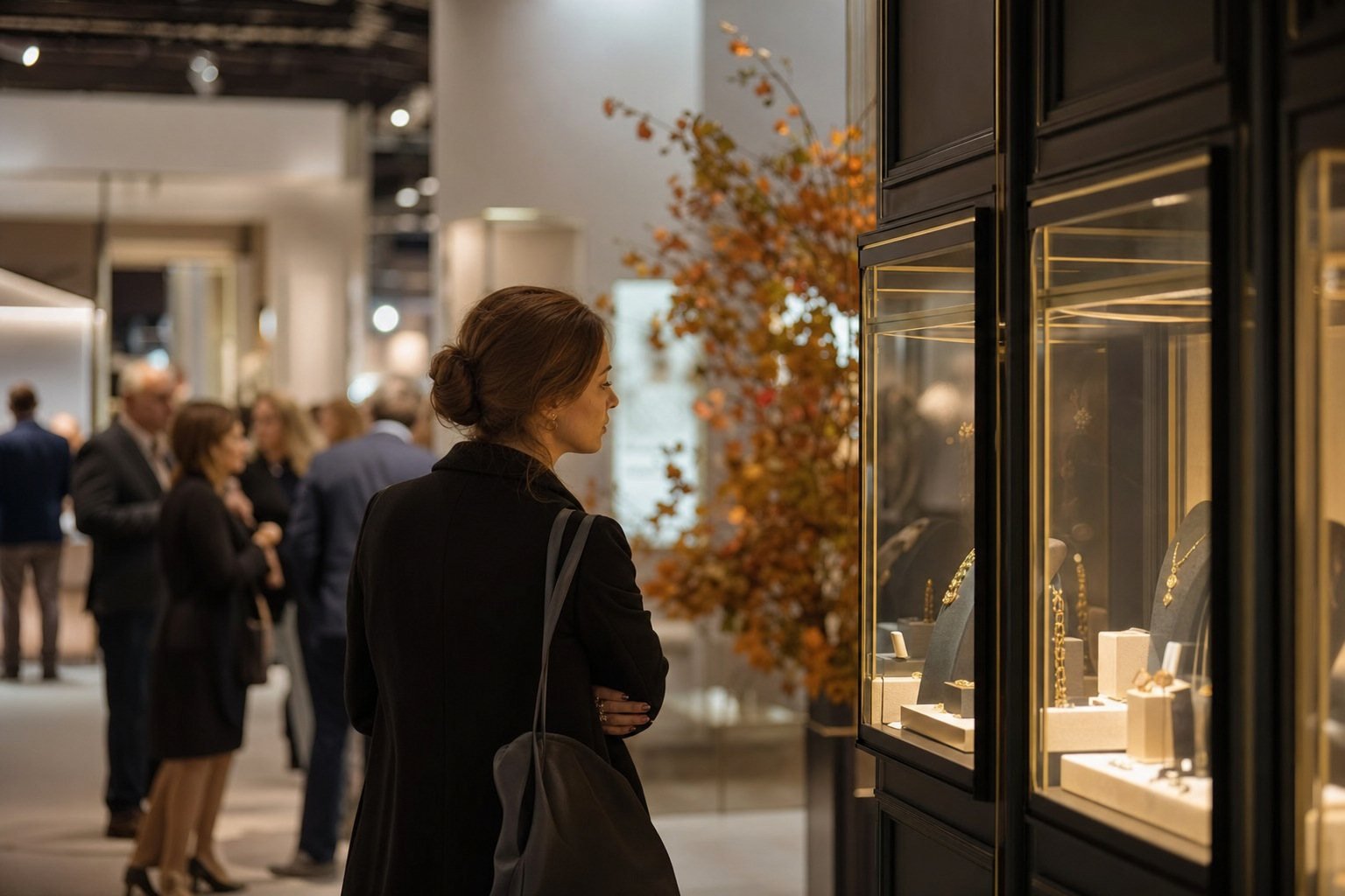 Jewellery exhibition booth with gold collections in lit vitrines