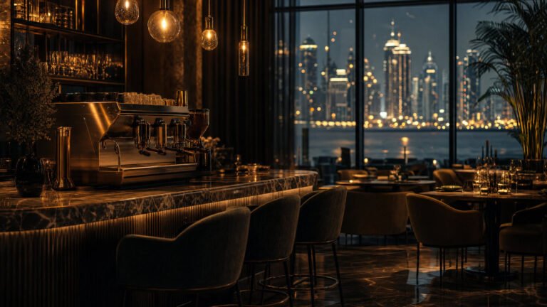 Specialty coffee bar and restaurant interior at dusk in a Gulf city