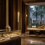 Gold and jewellery boutique interior with illuminated display cases