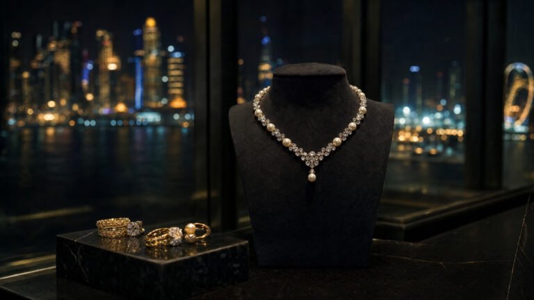 Fine diamond and pearl jewellery on a dark display with the Doha skyline behind