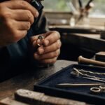 Jeweler inspecting fine jewelry craftsmanship in an atelier