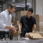 Export manufacturer reviewing product samples and shipping requirements