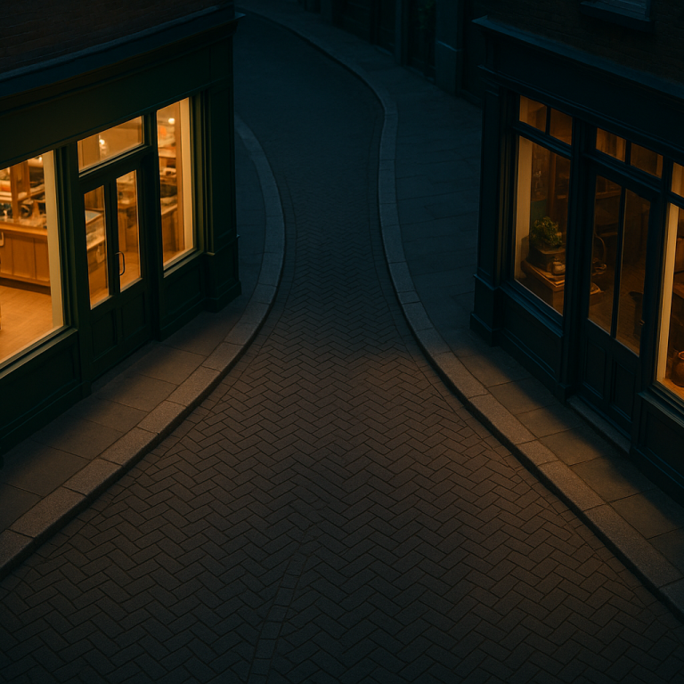 Lit boutique storefronts on a quiet street at night