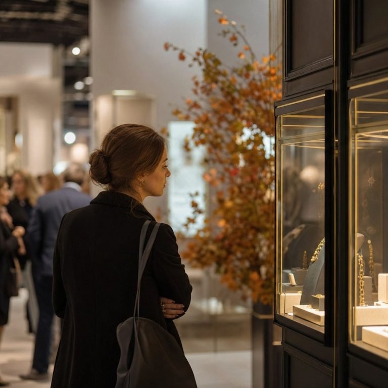 Jewellery exhibition booth with gold collections in lit vitrines
