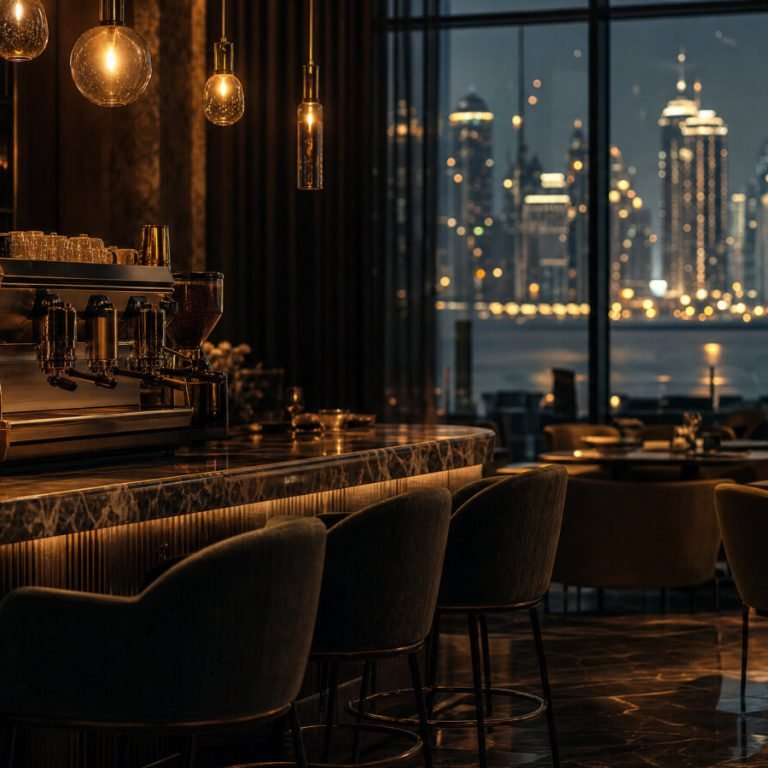 Specialty coffee bar and restaurant interior at dusk in a Gulf city
