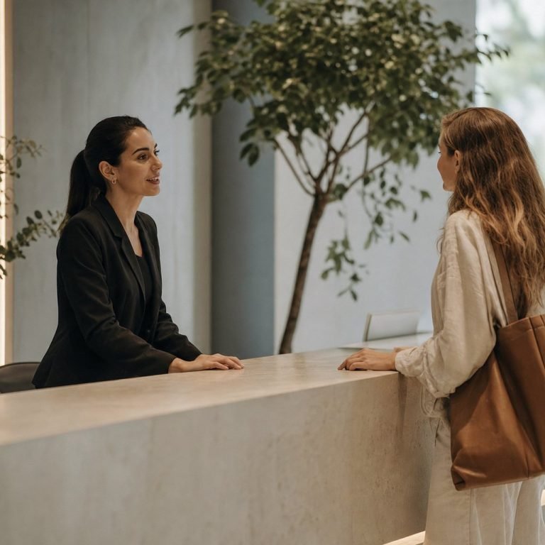 Patient coordinator speaking with a visitor in a modern clinic