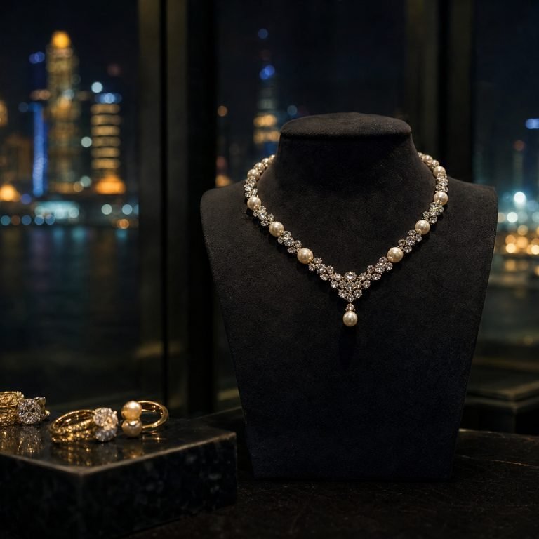 Fine diamond and pearl jewellery on a dark display with the Doha skyline behind